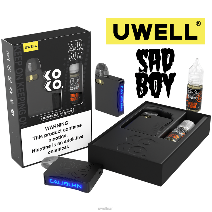 UWELL CALIBURN AK3 کیت + غلاف 0.8 اهم a3s (x2) + بخار بابا 10 میلی لیتر نمک 50 میلی گرم crl: black/flv: کوکی کدو حلوایی 50 میلی گرم 6DRV239 | سیگار UWELL