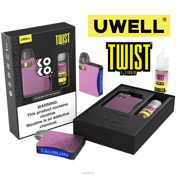 UWELL CALIBURN AK3 کیت + غلاف 0.8 اهم a3s (x2) + بخار بابا 10 میلی لیتر نمک 50 میلی گرم crl: صورتی/flv: لیموناد صورتی پانچ 50 میلی گرم 6DRV241 | UWELL IRAN