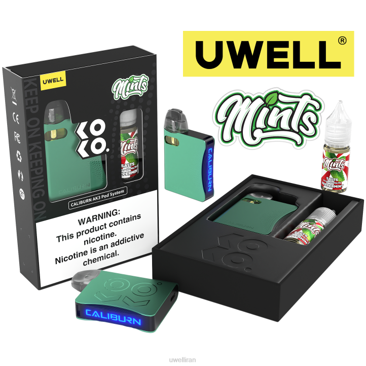 UWELL CALIBURN AK3 کیت + غلاف 0.8 اهم a3s (x2) + بخار بابا 10 میلی لیتر نمک 50 میلی گرم crl: فیروزه ای/flv: نعناع فلفلی 50 میلی گرم 6DRV242 | UWELL TEHRAN