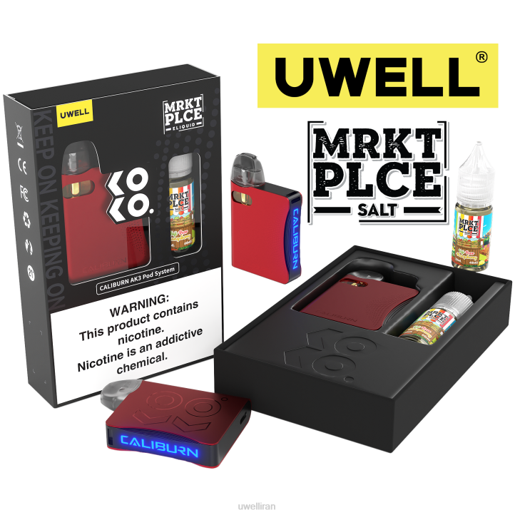 UWELL CALIBURN AK3 کیت + غلاف 0.8 اهم a3s (x2) + بخار بابا 10 میلی لیتر نمک 50 میلی گرم crl: قرمز/flv: انبه گلابی فوجی 6DRV245 | UWELL پاد