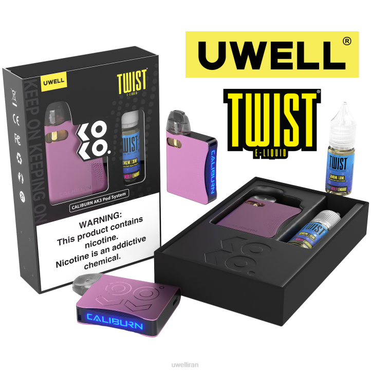 UWELL CALIBURN AK3 کیت + غلاف 0.8 اهم a3s (x2) + بخار بابا 10 میلی لیتر نمک 50 میلی گرم crl: صورتی/flv: لیموناد مدلی توت 6DRV246 | UWELL قیمت