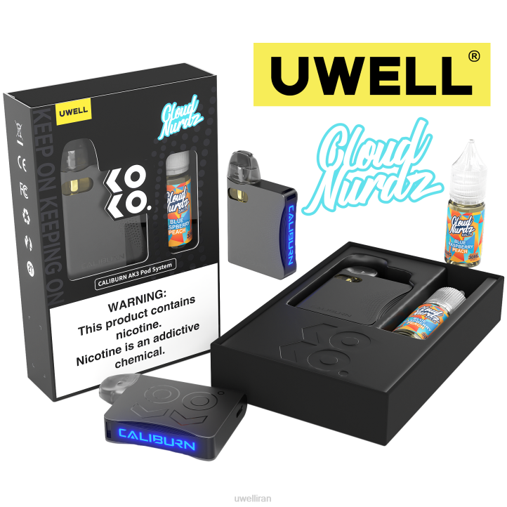 UWELL CALIBURN AK3 کیت + غلاف 0.8 اهم a3s (x2) + بخار بابا 10 میلی لیتر نمک 50 میلی گرم crl: خاکستری/flv: هلو تمشک آبی 6DRV247 | ویپ UWELL قیمت