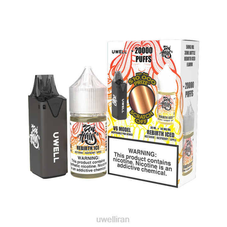 UWELL V6 دستگاه یکبار مصرف + آبمیوه بابا 30 میلی لیتر - بسته collab clr: black/flv: تولد دوباره یخی 50 میلی گرم 6DRV221 | UWELL IRAN