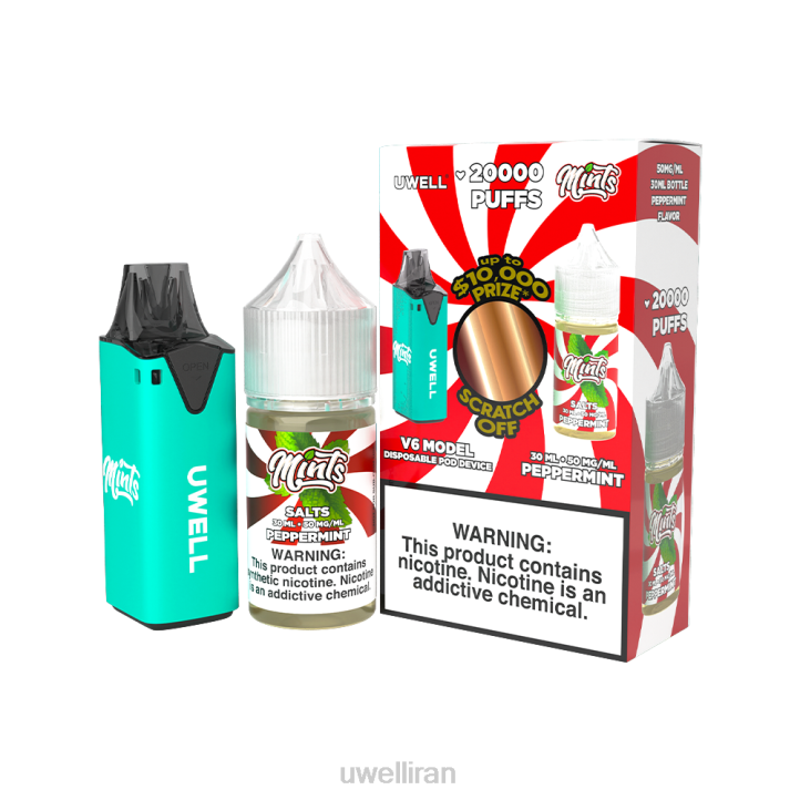 UWELL V6 دستگاه یکبار مصرف + آبمیوه بابا 30 میلی لیتر - بسته collab clr: cyan/flv: نعناع فلفلی 50 میلی گرم 6DRV211 | UWELL IRAN